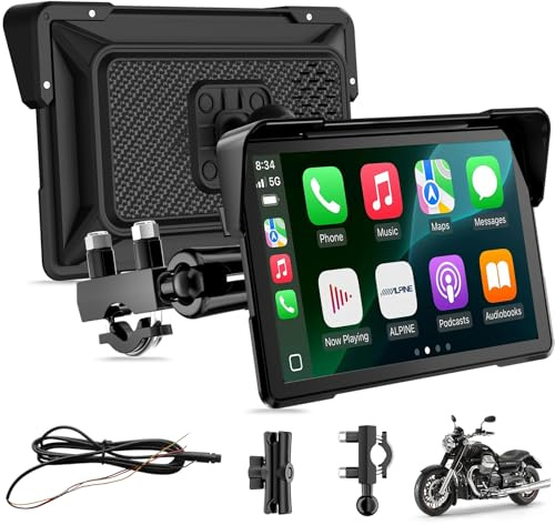 7″ Écran de Carplay de Moto sans Fil pour Apple Carplay et Android Auto | Compatible avec Détection de la Pression des Pneus, IPX67 étanche, Double Bluetooth, Contrôle de la Voix, GPS