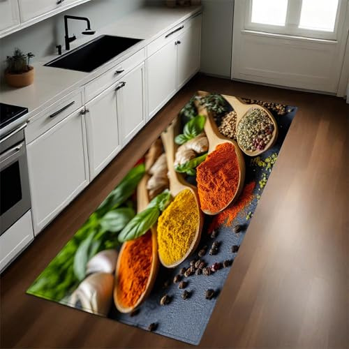 Küchenthema Küchenteppich 50x150 cm Gewürze und Kräuter rutschfest Waschbar Küchenläufer Küchenteppich für Küche und Bar Teppich Läufer Dekorative Küchenmatte