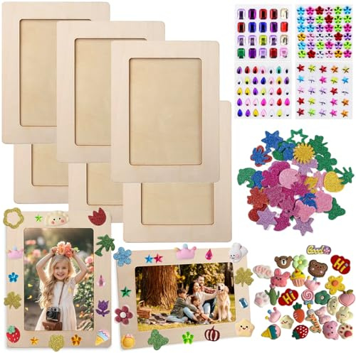 Bilderrahmen Holz Set zum Bemalen 6 Stück,Holzrahmen Holzbilderrahmen | DIY Bilderrahmen Bastelset Bemalen Kinder mit 4 Glitzersteine Glitter Moosgummi Sticker 3D Aufkleber zum Basteln