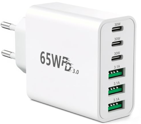 Cargador USB C 65W Carga Rápida, Múltiple 6 Puertos 3 USB C y 3 USB A Pared | Diseño compacto con protecciones múltiples para casa, oficina y viajes; compatible con iPhone, Samsung, iPad, Huawei y Pixel