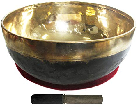 Bengali KLANGSCHALE 2400-2500g Handarbeit 3-tlg Set mit Zubehör. Gold schwarze Schale + Klangschalenkissen + Klöppel (Holz-Leder). 81600-14
