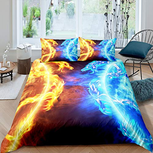 Loussiesd EIS Feuer Drache Bettbezug Set Für Jungen Teenager Kinder Orientalische Bestie Gedruckt Bettwäsche Set 135X200cm Ost Betten Set Glückverheißende Tiere Märchen Thema Raumdekoration 2St