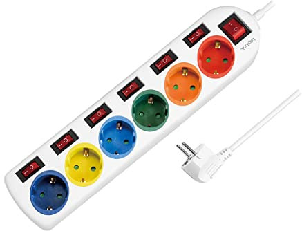 LogiLink LPS259 - 6-fach Steckdosenleiste (CEE 7/3), mit 7x Ein/Aus Schalter, mit eingebautem safety shutter (erhöhter Berührungsschutz), Farbe: mehrfarbig, Weiß