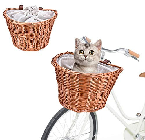 Haustier Fahrradkorb Fahrrad Weidenkorb vorne mit Lederriemen und Futter Kleine Haustier Katze Welpenträger Fahrrad vorne Korb Lenker Einfache Installation Abnehmbar Für Erwachsene Jungen Mädchen