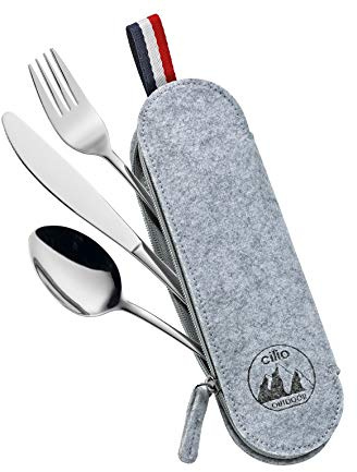 cilio VIAGGIO Besteckset 3-tlg., Edelstahl rostfrei, grau, mit Filztasche | Reiseset, für Camping, Picknick und unterwegs, praktische graue Filztasche mit Reißverschluss und Griff