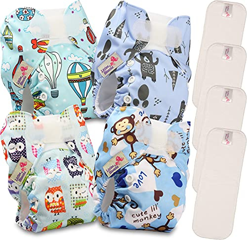 Littles & Bloomz Pocket Reusable Nappies Baby Diaper, Newborn and Premature Size, 4 Nappies with 4 Microfibre Inserts, NB-401MF4