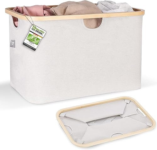 HENNEZ Faltbarer Wäschekorb Beige/Hellgrau 60L - Wäschekorb aus Stoff mit Bambus - Klappbarer Wäschekorb Faltbar Flach - Collapsible Foldable Laundry Basket -Wäschekorb Tragbar Wäschesammler