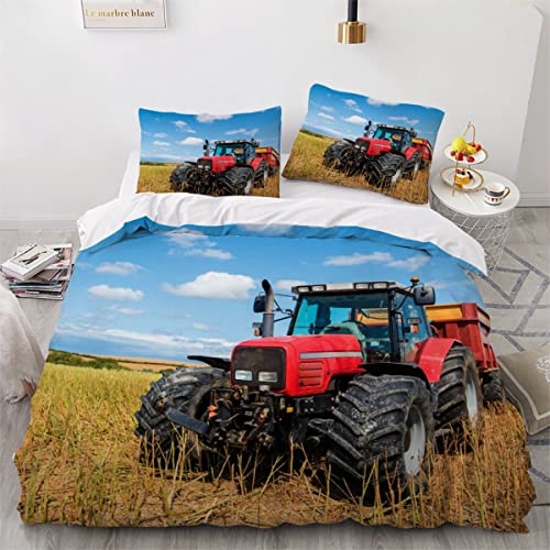 BUMIYA Kinder Bettwäsche Set 135x200 3D Druck Roter Traktor Bettwäsche100% Mikrofaser Weiche mit Reißverschluss Mähdrescher Jungen Mädchen Bettbezüge mit 2 Kissenbezug 80x80 cm