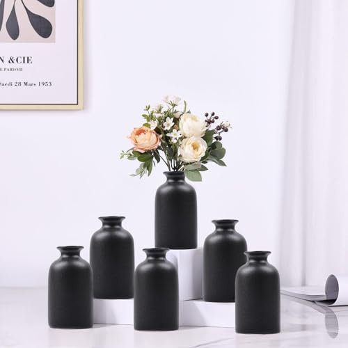 6er-Pack kleine Schwarze Vasen - Moderne Boho-Vasen für Trockenblumen, Tafelaufsätze in großen Mengen, Keramikknospenvasen für Hochzeit, Tischparty-Dekoration