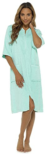 Fashion Junction Women’s 100% Cotton Terry Zip Bathrobe - Short Sleeve Toweling Robe & Absorbent Housecoat (Mint, Medium)