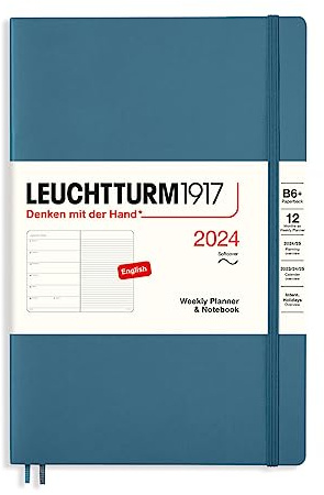 LEUCHTTURM1917 367818 calendario semanal y cuaderno de tapa blanda Paperback (B6+) 2024, 12 meses, azul piedra, inglés