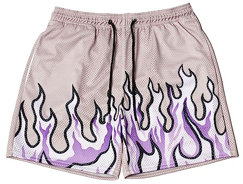 BOOMLEMON Herren-Basketball-Shorts, lässig, Workout, athletische Shorts, Netzstoff, Flammen-Grafikdruck, Laufhose, Cool Flame Purple, Groß