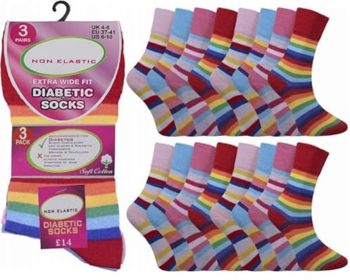 OnlyBee Lot de 6 paires de chaussettes larges pour femme diabétique à rayures arc-en-ciel