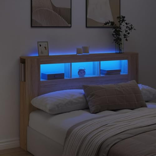vidaXL Cabecero LED, Cabecera con Almacenaje, Cabezal de Cama, Cabecero para Dormitorio, Madera de Ingeniería Roble Sonoma 160x18,5x103,5 cm
