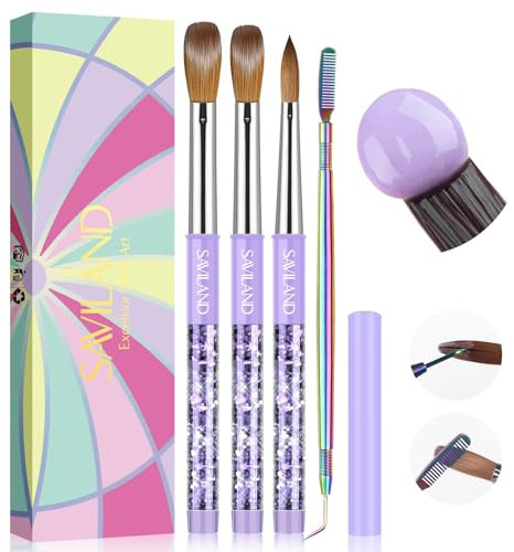 SAVILAND Kolinsky Acrylic Nail Brush Set: Size 6,10,14 Professional Nail Brushes with Cleaner Tool Purple Quicksand Metal Handle for Acrylic Powder Nail Extensions & 3D Carving Salon DIY Nail Art