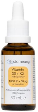 Vitamin D3+K2 Tropfen ohne Zusatzstoffe, 1000 Tropfen (30 ml), in Rapsöl