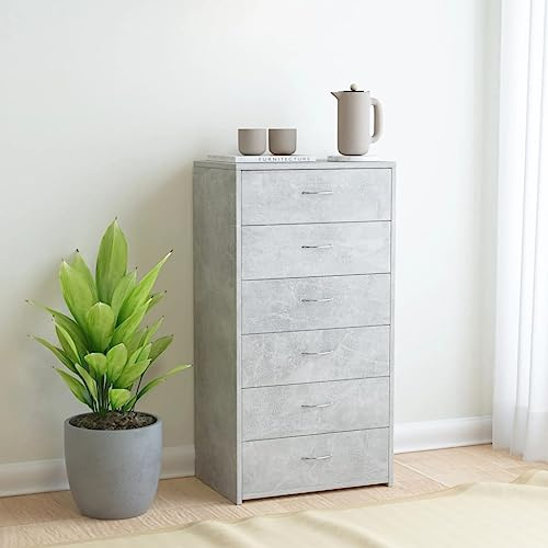 FOZICV Sideboard 6 Leichtgängige Schubladen mit Handgriffen Betongrau 50x34x96 cm Holzwerkstoff Schlafzimmer Multifunktional Lagerschrank Reichlich Stauraum Wohnzimmer Schubladenschrank