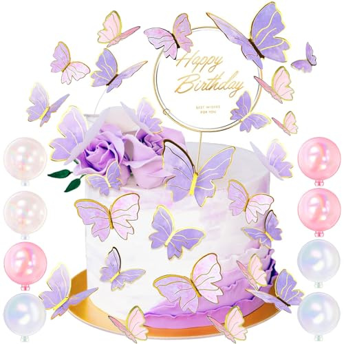 59 Stück Schmetterlinge Kuchen Deko, Tortendeko Geburtstag, Schmetterlinge Deko Torte, Farbe Schmetterlinge Deko Torte Happy Birthday Tortendeko Cake Topper Geburtstag, Für Kinder Mädchen(lila)
