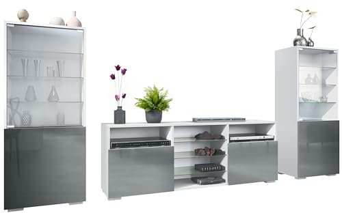 Vladon Wohnwand Granada, Anbauwand bestehend aus 2 Vitrinen und 1 TV-Board, Weiß matt/Grau Hochglanz (286 x 122,5 x 35 cm)
