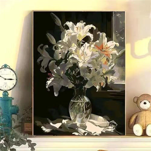 Aimaor Malen Nach Zahlen Erwachsene,Lilien Blumen Paint by Numbers Adult Bastelset Malen-Nach-Zahlen Kinder Anfänger Leinwand Kreativ Set DIY Set Malen nach Zahlen 45x60cm