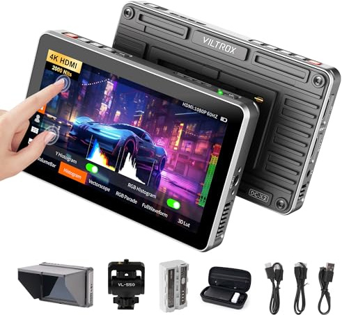 VILTROX DC-X2 2000 Nit Kamera Field Monitor, Touchscreen 6 Zoll 4K HDMI DSLR Kamera Monitor mit Sonnenschutzhaube 2200 mAh Akku, 3D Lut Full HD 1980 x 1080 IPS Focus Peaking Video Monitor für Camera