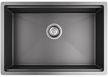 Fregadero de cocina de 64 x 44 cm con relieve de panal y revestimiento nano negro, fregadero de acero inoxidable de una cubeta, fregadero rectangular bajo encimera con escurridor y rebosadero.