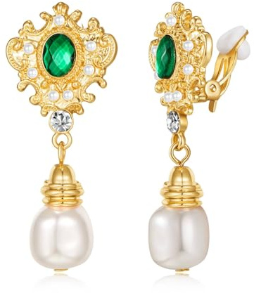 LILIE&WHITE Damen Ohrclips – Hypoallergen, Verblasst Nicht, Goldene Fassung mit Grünen und Perlenakzenten – Elegantes Design mit Perlenanhänger – Geschenk für Frauen