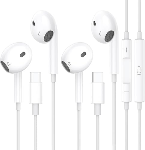 Lot de 2 écouteurs filaires USB-C pour iPhone 16/15/Plus/Pro/Pro Max, écouteurs intra-auriculaires stéréo Hi-Fi avec microphone intégré et contrôle du volume, compatibles avec iPad Pro, Pixel 7/6