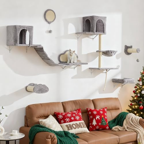BYBYME Kratzbaum Wand Mit HäNgematte Und Bett, Hohe Katzenregale FüR Mehrere Katzen, PlüSch-Sitzstange, Kratzbrett Und Sisal-Beschichtete Pfosten, 6PCS Langlebiges KatzenklettermöBel (Hellgrau)