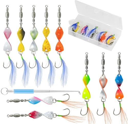 Twist Forellen Spoon Set，Suuwwn 10 Stück Forellenköder mit Rolling Swivels， UV-Aktiv 3g，Forellenköder mit Feder Pailletten Einzelhaken Blinker in Box mit Fishing Hakenlöser