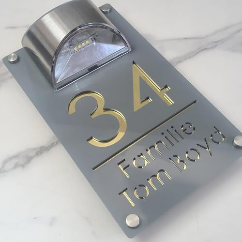 Plaque de numéro de maison personnalisée avec éclairage solaire, plaque de porte moderne à LED éclairée par énergie solaire pour l'extérieur, panneau d'adresse extérieur étanche pour la maison, jardin