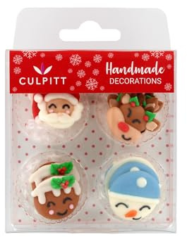 Culpitt Christmas Cheer Sugar Pipings, Edible Royal Icing Decorations, Multi-Coloured Festive Cake and Cupcake Toppers, Santa, Penguin, Ruloph, Xmas Pudding - Pack of 12