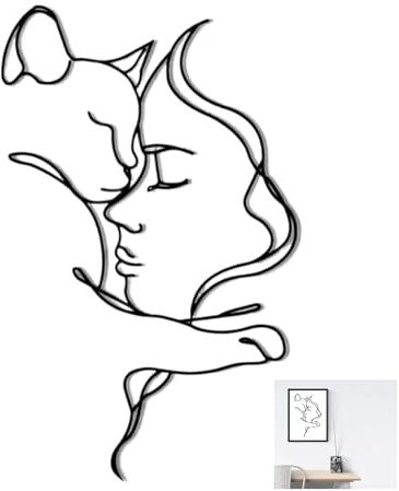 Decoración Pared Metal – Silueta Abstracta Chica Y Gato | Escultura Línea Hierro Minimalista | Adorno Interior Creativo Salón Dormitorio Oficina | Colgante Pared Moderno Elegante Regalo, 40x25cm