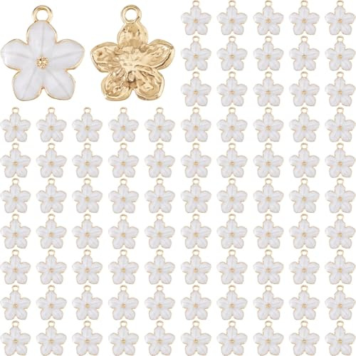 DICOSMETIC 100 Piezas Pequeñas Flores Esmalte Colgante Blanco Flores de Cerezo Lindo Colgante de Aleación para Pulseras Collares Pendientes Llaveros Accesorios DIY Agujero 1 5 mm