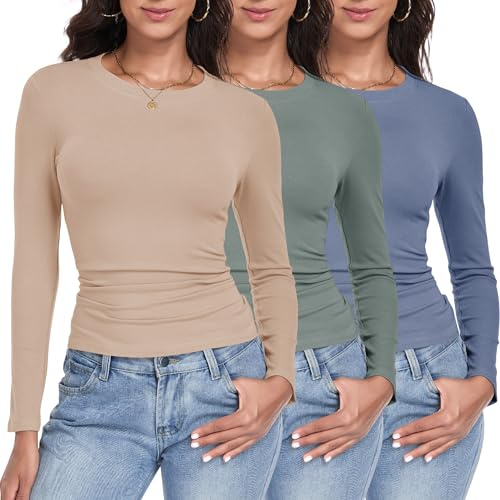 GetGigt 3 Pack Womens Long Sleeve Tops Crew Neck Slim Fit T Shirts Thermal Undershirts Y2K Top Stretchy Fashion Clothing