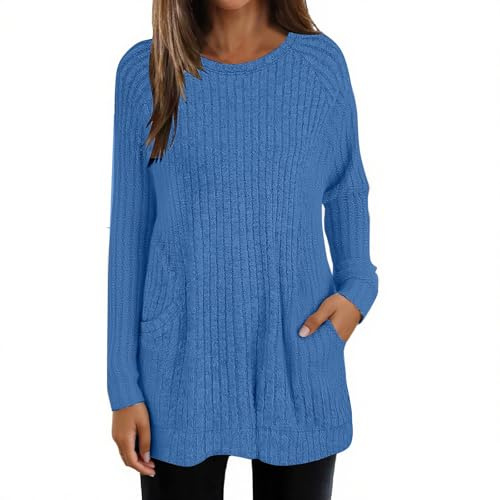 Jersey ligero para mujer, con bolsillo, manga larga, cuello redondo, dobladillo curvado, túnica larga para llevar con leggings, suéter de punto ligero