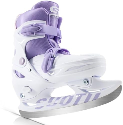 SUOTU 32-36 EU Patins à Glace Réglables pour Enfants- Garçons et Filles, Double Protection, avec Soutien de la Cheville pour L'extérieur et la Patinoire (Blanc-Violet)