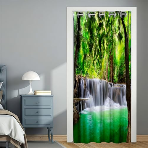 Hiseng Türvorhang Blickdicht, Haustür Verdunkelungsvorhang 1 Stück, Wasserfall-Motiv Vorhang Blickdicht mit Ösen Türvorhang, für Schlafzimmer/Wohnzimmer/Schrankvorhang (Bambusblätter,130x200cm)