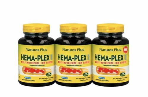 Nature´s Plus HEMA-PLEX II | Pack 3 x 60 Comprimidos | Hierro Suplemento | Acido Folico | Vitaminas B2, B6, B12 | Complemento Alimenticio | Apto para Vegetarianos | Sin Gluten | Sabor Natural