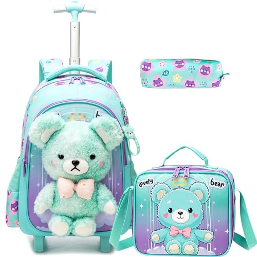 HTgroce Sac à Dos à Roulettes Fille Ours Peluche – Set 3 Pièces Cartable Scolaire Primaire Ergonomique pour École & Voyage CP，ce1