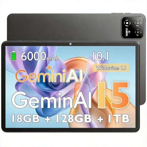UBDXBD Tablet 10 Pulgadas Android 15 con Funda, 18GB RAM (6+12) 128GB, Octa-Core T30, 1TB Ampliable, WiFi 6, batería 6000mAh, Pantalla IPS HD, Widevine L1, GPS, Gris