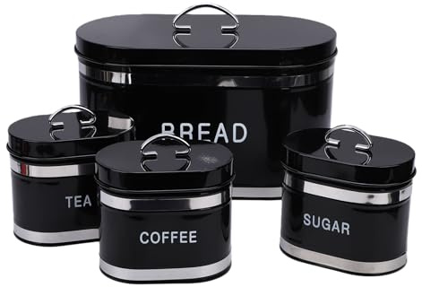 Oreilet Brödlåda för Köksbänk, Lufttät Metalljärn Brödbehållare Kaffe Te Sockerbehållare Set med Lock, Matförvaringsburkar Behållarset för Konditorivaror Torrfoder (svart)