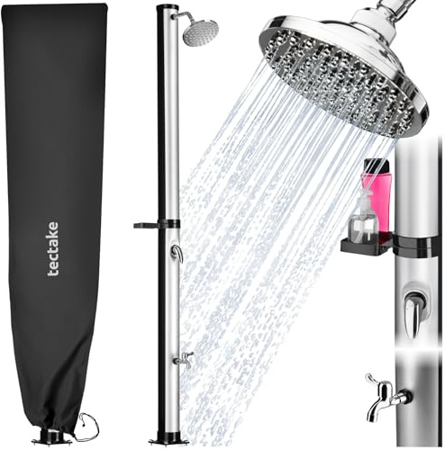tectake® Doccia Solare da Giardino 20 Litri, Soffione Doccia Orientabile 360°, Accessori Giardino Esterno Campeggio Piscina, con Cover Protettiva, Portasapone, Rubinetto, Attacco Acqua - Nero/Argento