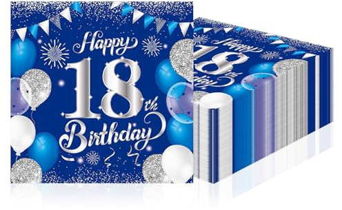 18 Ans Anniversaire Garcon Serviette Anniversaire Pour Fête 18 Ans – Lot De 40 Serviettes Papier Bleu Argent, Décoration De Table Jetable, Motif Ballons Pour Garçon Fille, Buffet Et Goûter