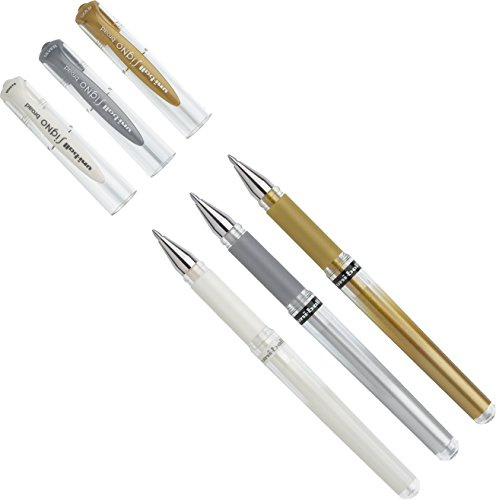 3 Stück Mitsubishi - Gelroller uni-ball SIGNO UM-153, Spitze: 0,6 mm, weiß, gold und silber
