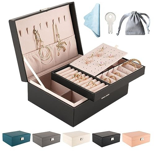 Jewellery Organiser, 2 Layer PU Leather Jewellery Box with key, Jewelry Box for Women, Jewellery storage Organiser for Necklace Earrings Bracelet Ring Accessories
