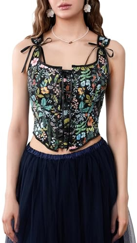 Geagodelia Corsetto Pizzo Donna Stampa Floreale Bustier Top Retro Classico, Nero - Noir Fleur, M