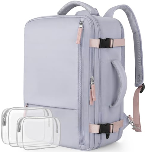 Snoffic Reseryggsäck, handbagage för män, kvinnor, flygresor, ryggsäck för 17,3 tums bärbar dator, Lila och grå, 16.53 x 11.41 x 7.87 inches(L x W x D)