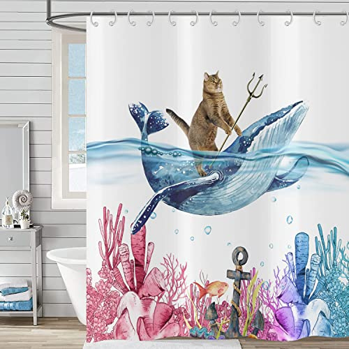 Hnmdmyi Duschvorhang Lustige Katze 180x200, Niedliches Kätzchen Reitet Wal Duschvorhänge Ozean Koralle Algen Tropische Fische Kinder Badewanne Vorhang Wasserdicht Polyester Stoff Waschbar Badevorhang