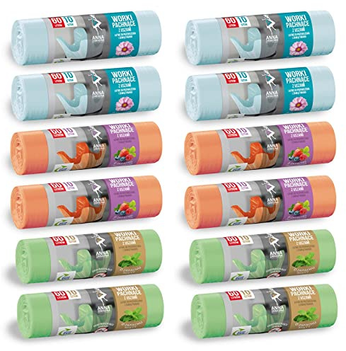 HAC24 12 Rollen Müllbeutel 60L mit Duft je 10 Stück Müllsack Abfallbeutel Mülltüten Duftmüllsack Mülleimerbeutel